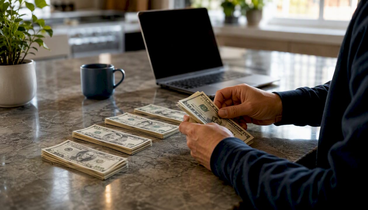 Hands counting Canadian banknotes on desk