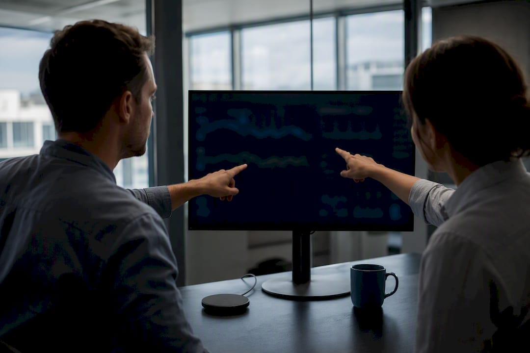 Hand pointing at analytics dashboard glow